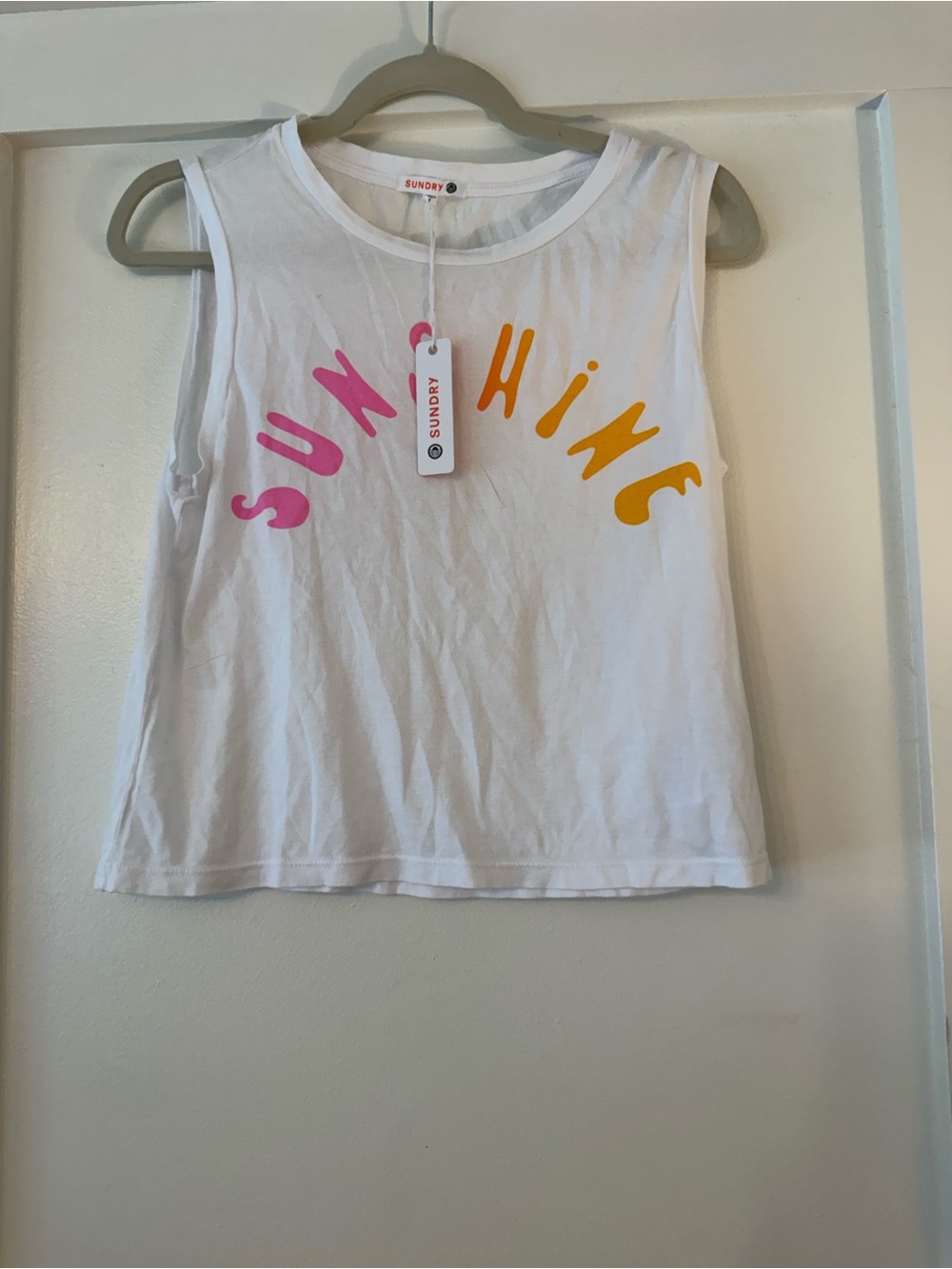 Sundry "Sunshine" White Tank Top with Pink & Orange Lettering Size 1 - Small NWT - Picture 2 of 5